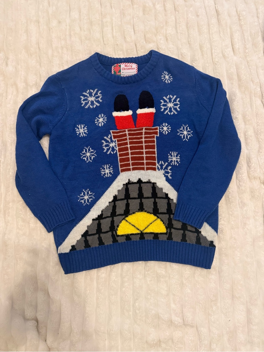 Women's Blue Holiday Crewneck Sweater with Chimney Knit Motif